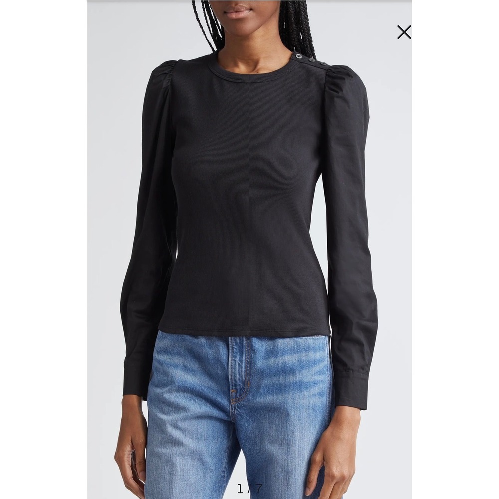 Veronica Beard Black Size Large Fersia Mixed Media Puff Sleeve Ribbed Top Blouse - Picture 3 of 13